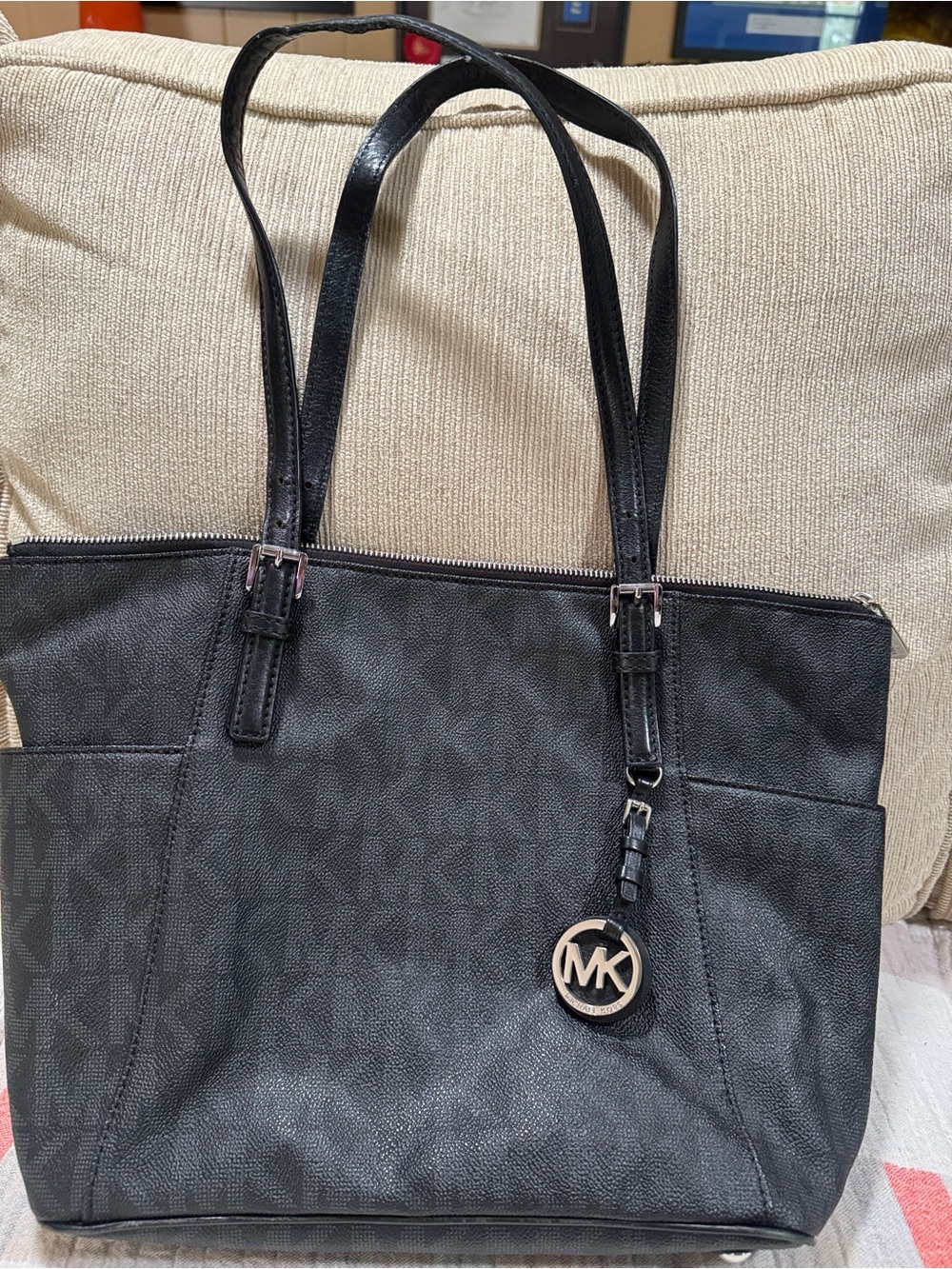 Michael Kors Gray Logo Black Tote with MK Charm, Large, Like New